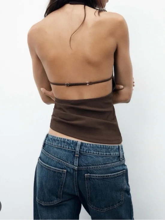 NWOT Zara Open Back Halter Top Brown - Picture 2 of 11